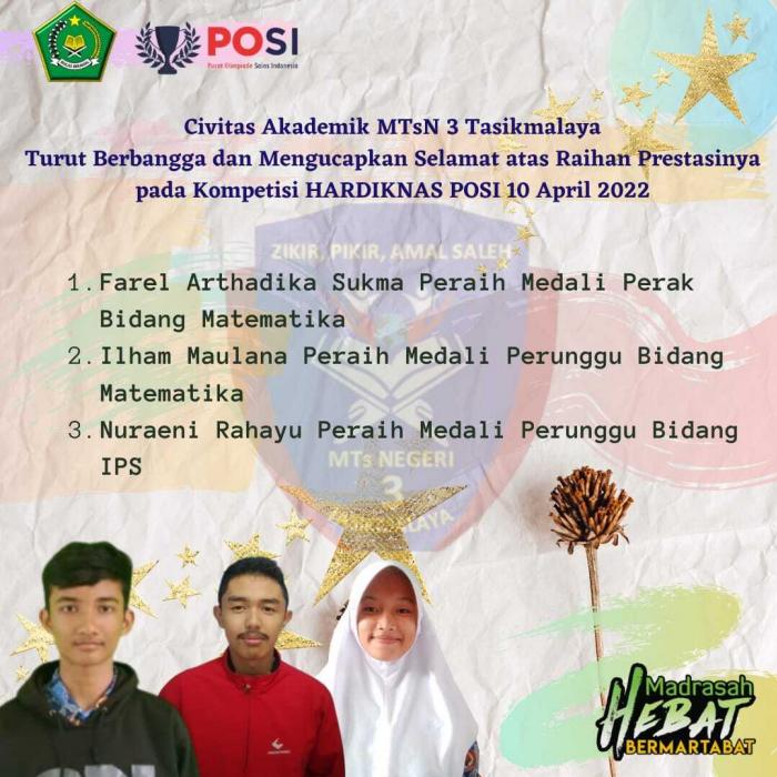 Siswa MTs Negeri 3 Tasikmalaya meraih medali pada Kompetisi HARDIKNAS POSI 2022